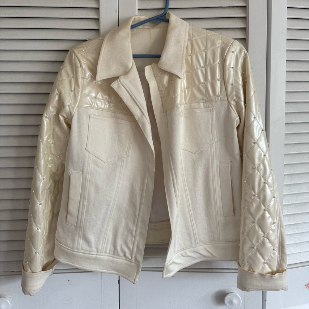 White denim jacket with white leather beaded detail